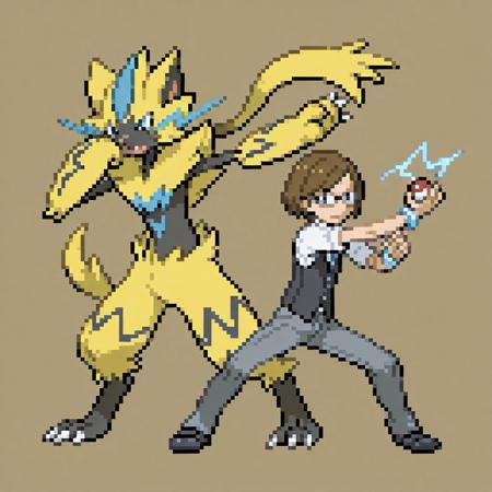 AI Artwork of a Determined Pokémon Trainer Battling Zeraora with Plasma Claws and Lightning Effects