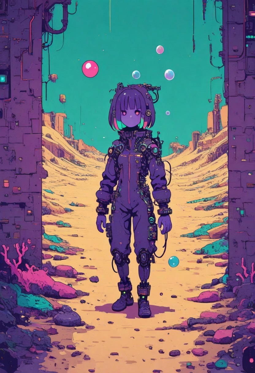 AI Drawing of a Mysterious Cyberpunk Girl with Bioluminescent Hair in a Desert Ruin
