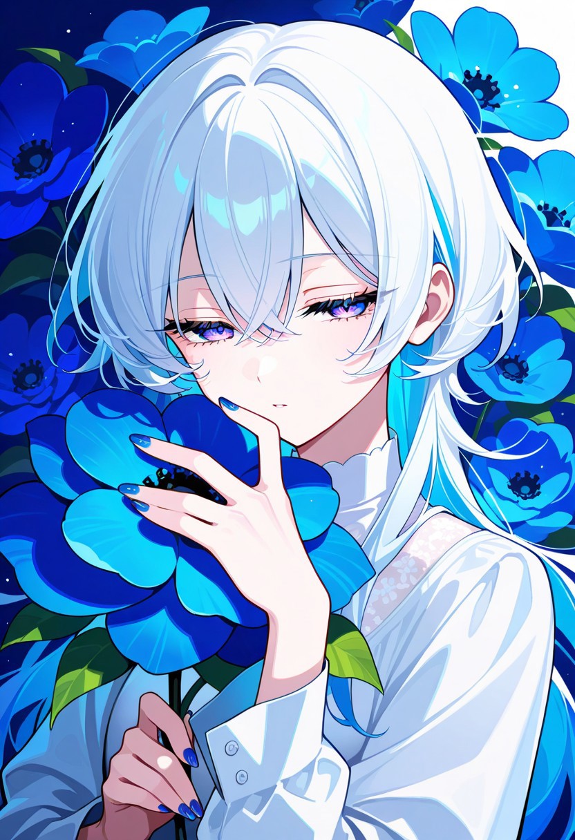 AI Drawing of a Serene Girl with Dual-Toned Hair Holding a Luminous Blue Flower