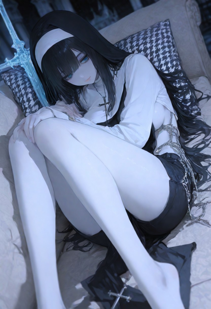 AI Artwork of a Mystic Nun in Moonlit Minimalist Sanctuary with Ethereal Sword
