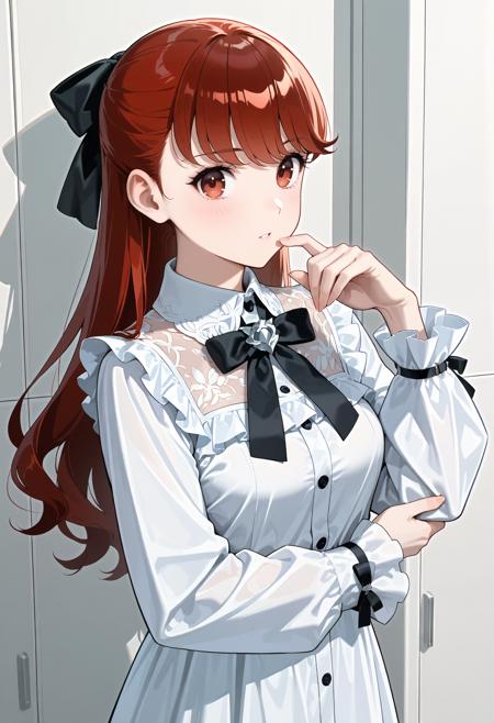 AI Artwork of a Figure in Monochromatic Layered Attire with Contrast Ribbon Accents