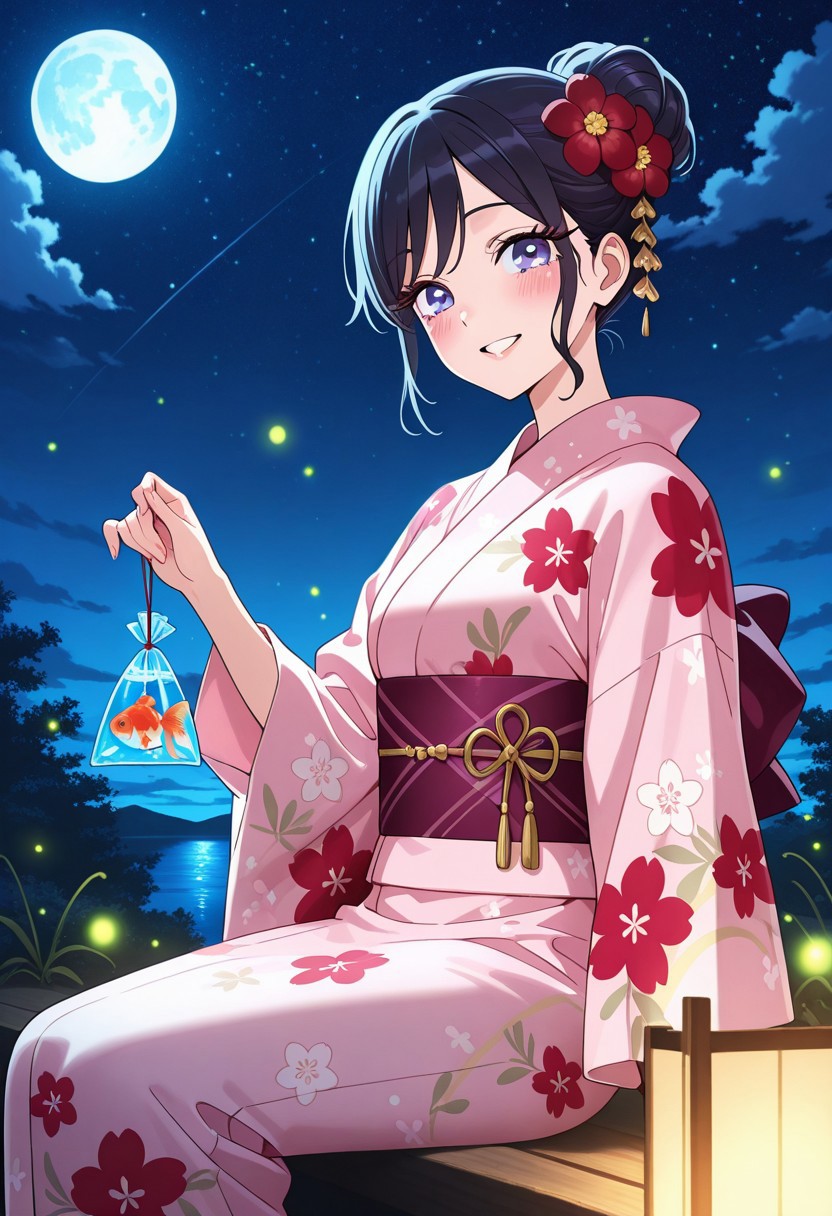AI Drawing of Marin Kitagawa in Floral Yukata Under Moonlight with Goldfish