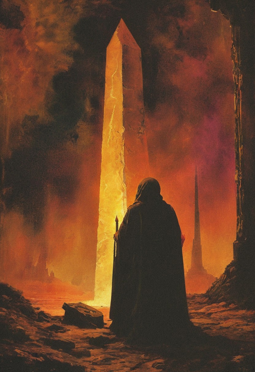 AI Photo of a Robed Cultist Praying at an Obelisk in Apocalyptic Retro Film Style