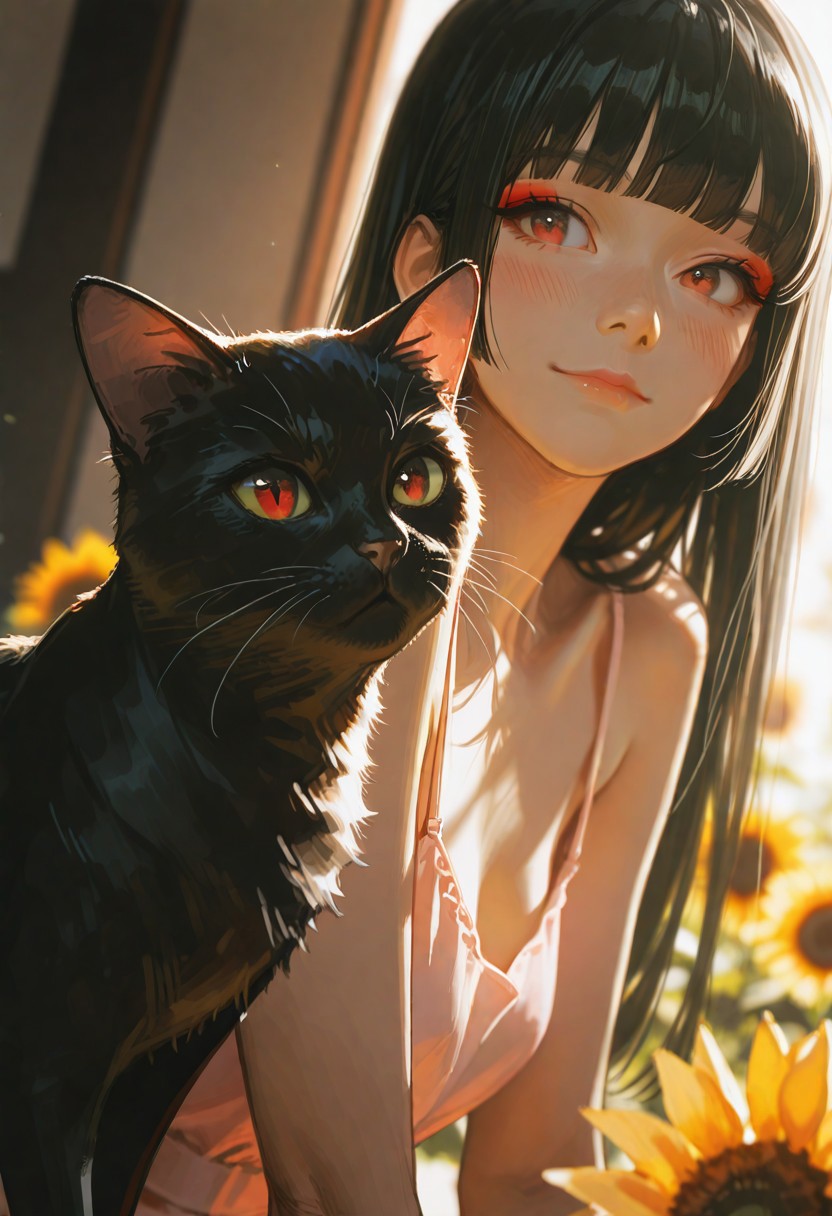 AI Drawing of a Blushing Korean Girl in a Pastel Sundress Holding a Black Cat Among Sunflowers at Su