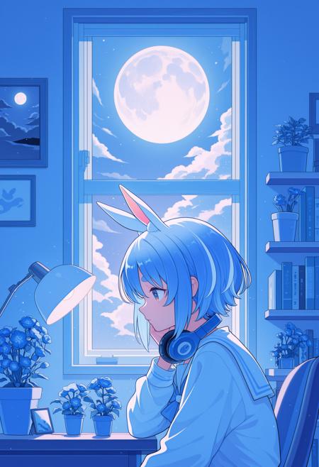AI Drawing of Usada Pekora as a Lofi Girl with Rabbit Ears in a Dreamy Pastel Moonlit Room