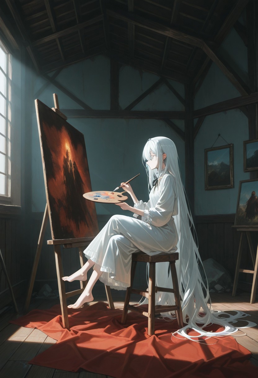 AI Drawing of Enigmatic Painter in Moonlit Tower with Flowing White Hair and Ethereal Brushstrokes