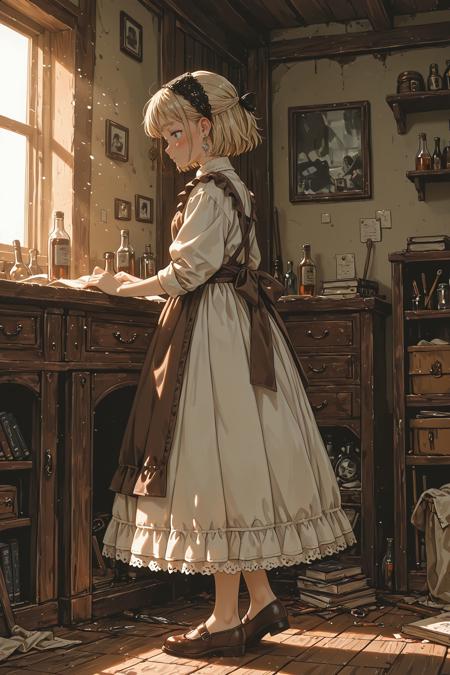 Sunlit Vintage Maid in a Cluttered Antique Room - AI Art Character Illustration