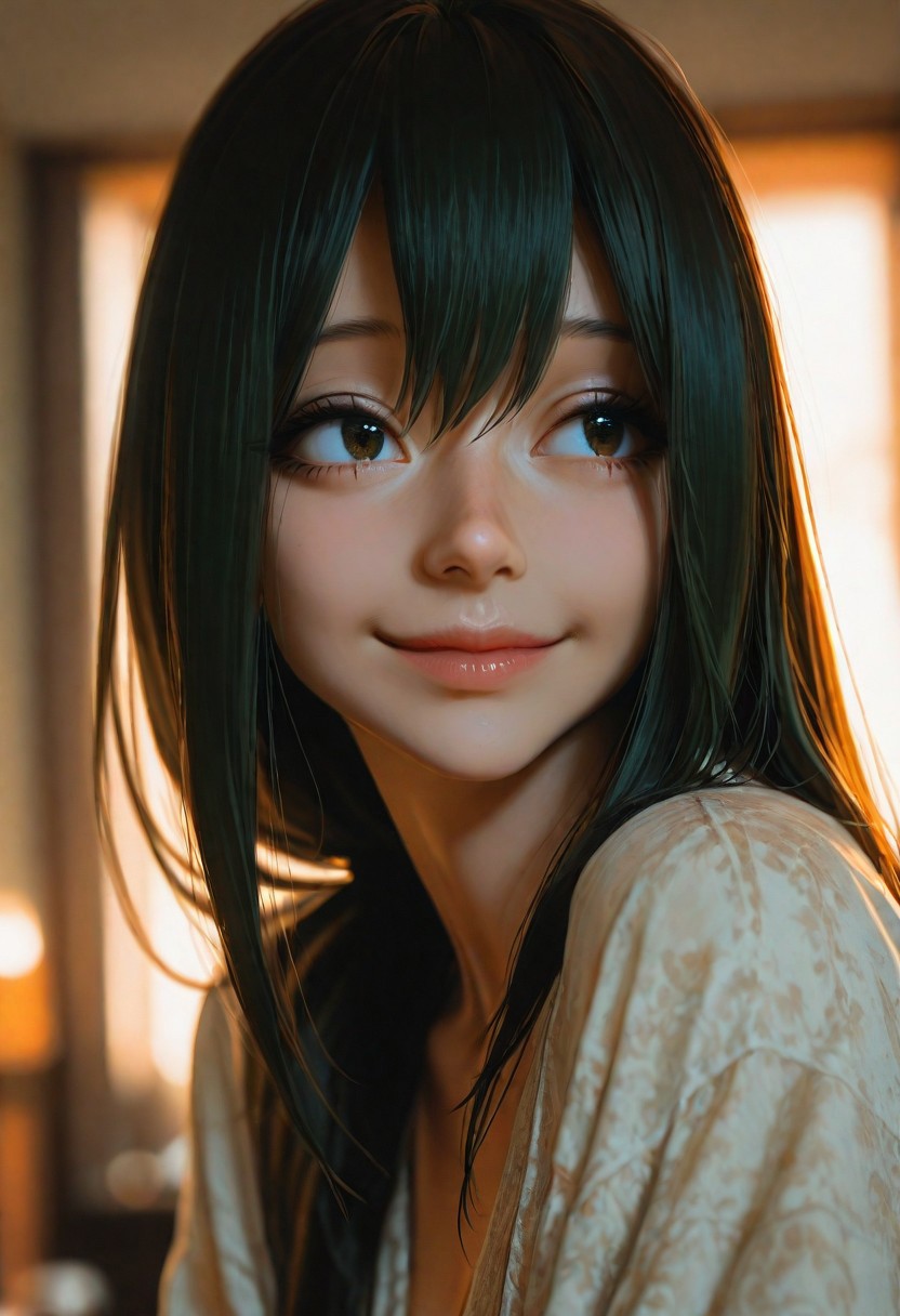 Tsuyu's Golden Hour Portrait - AI Photorealistic Character Art with Ethereal Smile