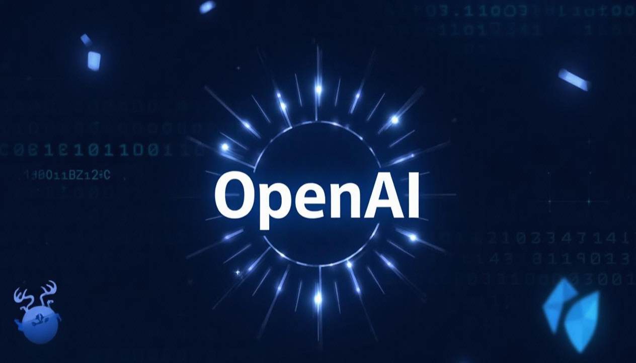 The image features a dark - blue background filled with binary - like digital codes scattered around. At the center, there is a circular, glowing design with rays of light emanating from it, and the text "OpenAI" is prominently displayed in bold white within the circle. In the bottom - left corner, there is a small, cartoon - like blue creature, and in the bottom - right corner, there is a blue, gem - shaped icon. The overall atmosphere is high - tech and futuristic, suggesting themes related to artificial intelligence and digital technology.