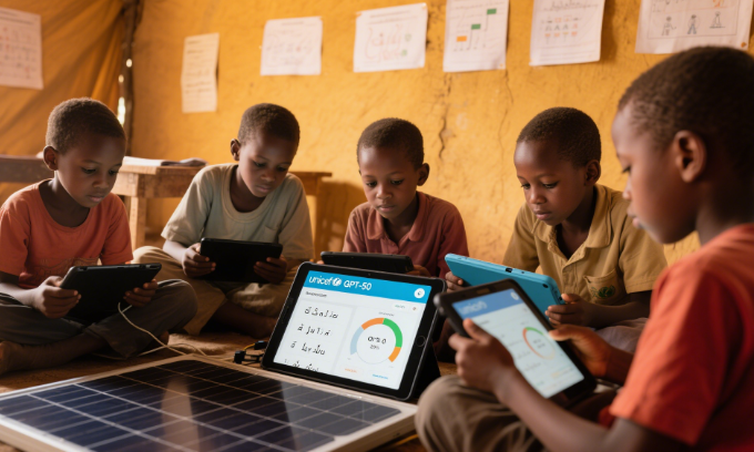 Refugee children in Nigeria using UNICEF's solar-powered learning tablets with GPT-5o interface showing literacy exercises and progress tracking dashboard