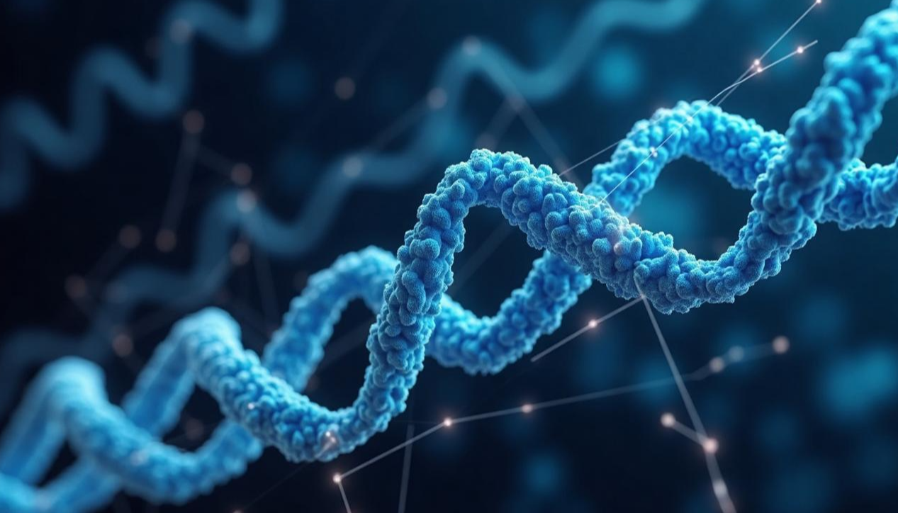 A highly - detailed 3D rendering of a double - helix DNA strand, depicted in a vivid blue hue, set against a dark, blurred background with faint, glowing lines and dots, suggesting a scientific and microscopic environment.