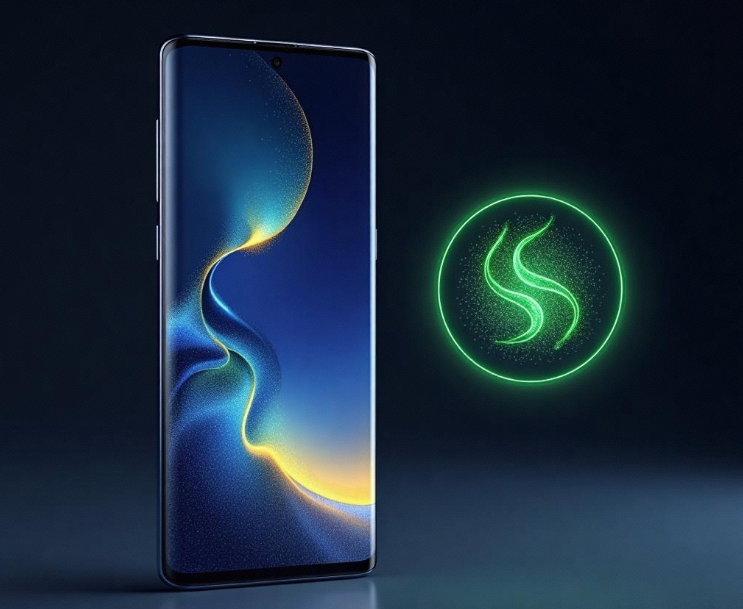 A sleek - looking smartphone with a curved screen is prominently displayed on the left side of the image. The screen showcases a vibrant and artistic wallpaper featuring flowing, wavy patterns in shades of blue, yellow, and orange. On the right side, there is a glowing, neon - like green circular logo with an "S" - shaped design composed of fine, particle - like elements. The background is dark, which makes the smartphone and the logo stand out vividly.