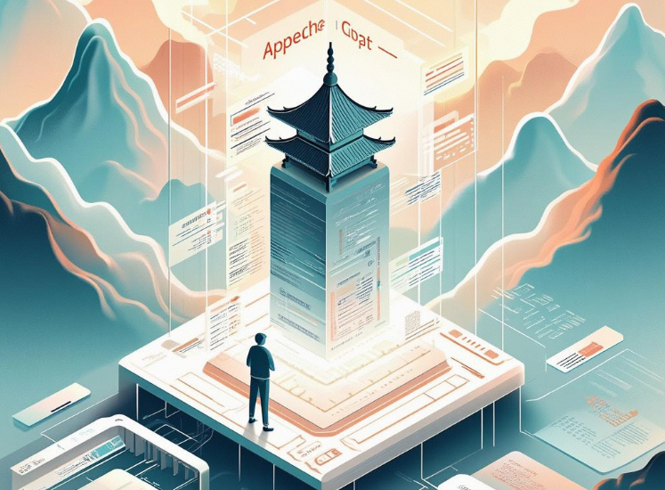 An artistic - style illustration depicts a person standing on a platform, gazing at a structure that combines elements of a traditional Chinese pagoda and digital data representations. Above the structure, the text "Apache i Goat" is prominently displayed. The background features stylized mountains in soft pastel hues of blue and orange, creating a serene and somewhat ethereal atmosphere. Surrounding the central structure are floating panels filled with what appears to be code or data information, blending the concepts of traditional architecture and modern technology.