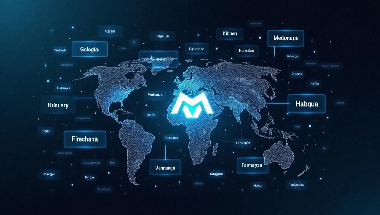 A visually - striking digital image featuring a world map composed of pixel - like elements set against a dark blue background. Scattered across the map are numerous blue - hued rectangular labels, each containing a unique and seemingly invented name such as "Haagva", "Kiunen", "Telghtinta", "Menage", etc. At the center of the map, a glowing white logo in the shape of two stylized "M"s stands out prominently, suggesting a global - scale presence or network associated with the names and the logo. The overall aesthetic conveys a sense of a modern, perhaps tech - related or brand - related concept with a worldwide scope.