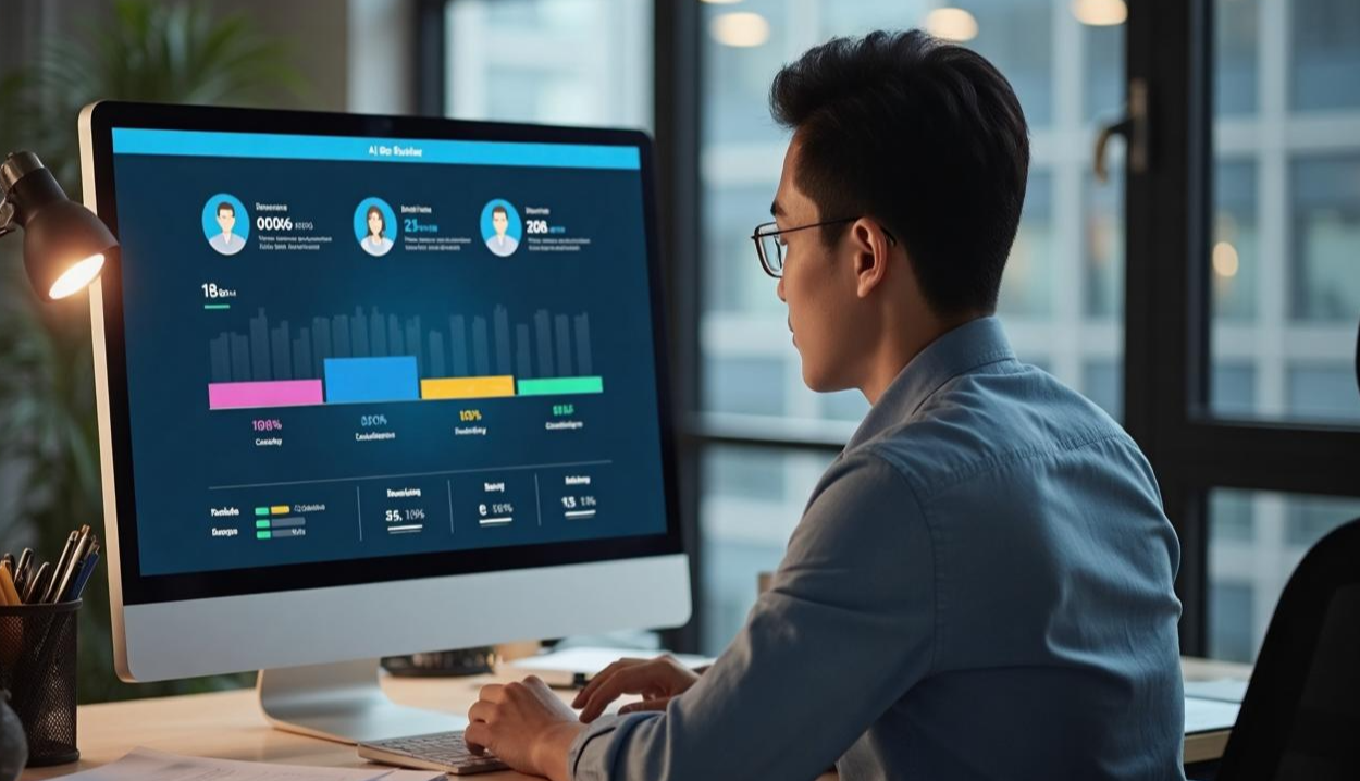 A man in a blue - collared shirt is seated at a desk, intently looking at a large computer monitor. The screen displays various data and statistics, including user figures (00066, 23, 206), percentages (100%, 90%, 10%, etc.), and other business - related metrics. There is also a small desk lamp on the left side of the desk, and some pens in a pen holder. The background shows a window with a view of buildings outside, suggesting an office environment.