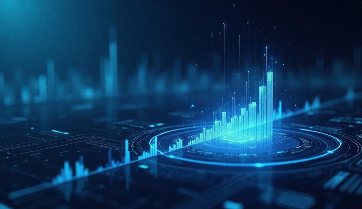 A visually - striking digital representation featuring a bar chart with prominently rising columns at the centre, set against a dark background with a blue - hued circuit - like pattern. The bar chart is surrounded by circular elements and lines, giving an impression of a high - tech, data - driven environment. Small dots and faint vertical lines emanate from the chart, adding to the dynamic and futuristic feel of the image.
