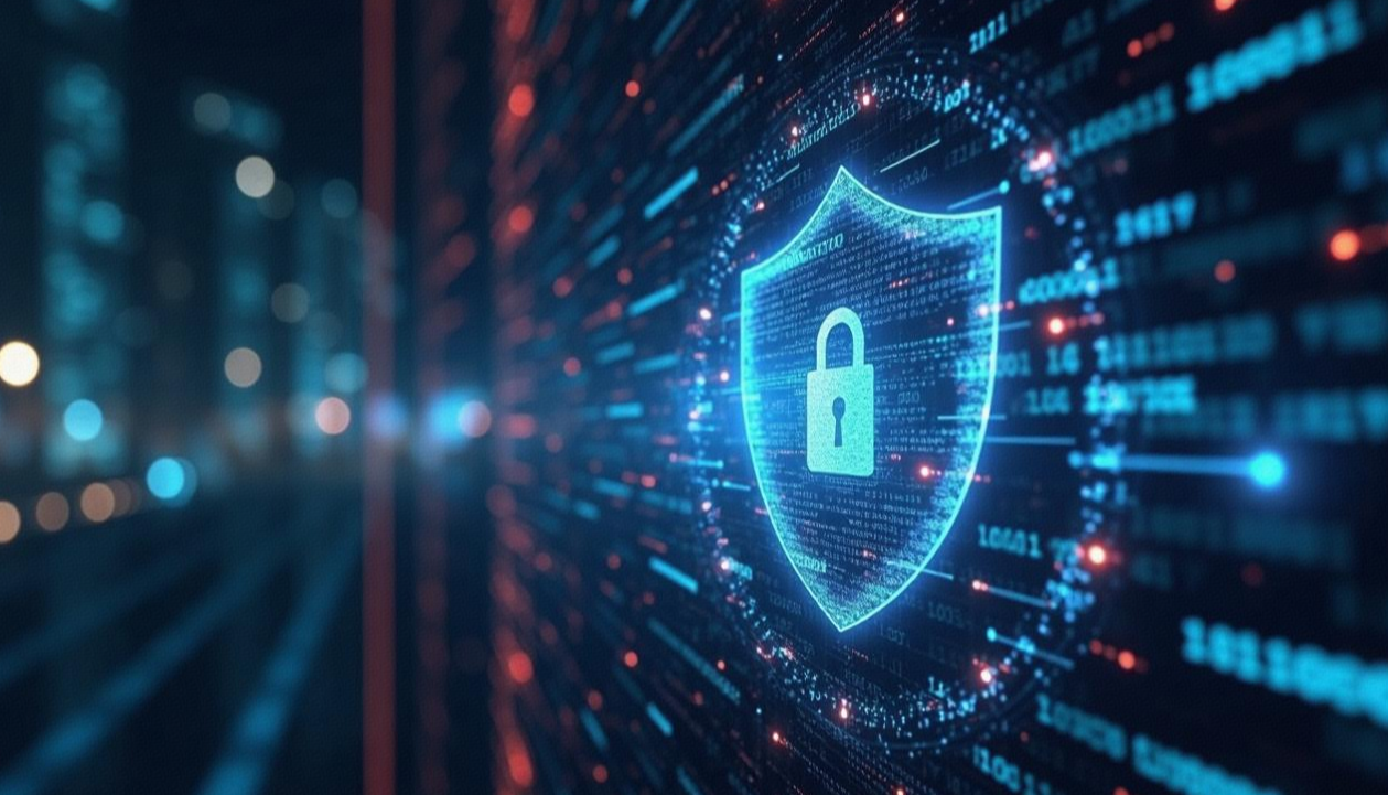 A digital - themed image depicts a glowing shield with a padlock icon at its center, surrounded by a matrix - like array of binary code (0s and 1s) and colorful digital particles. The background is blurred, showing an out - of - focus cityscape with bokeh lights, suggesting a connection between urban life and digital security. The overall atmosphere conveys a sense of advanced cybersecurity in a high - tech, modern environment.