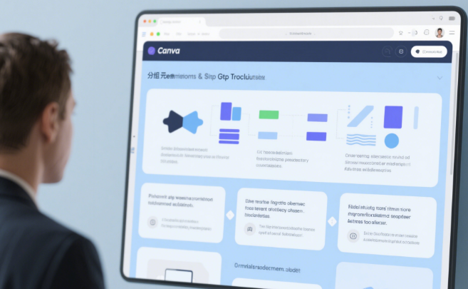 Canva interface showing grouped elements with alignment tools, grouped icons and text boxes in a social media post design, step-by-step grouping tutorial