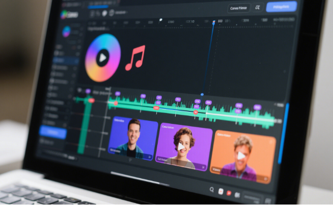 Canva timeline interface showing music track syncing with video clips