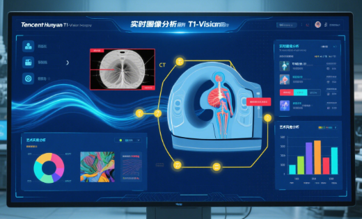 Tencent Hunyuan T1-Vision interface demonstrating real-time image analysis with thought chain visualization, showing medical CT scan annotations and artistic style breakdowns