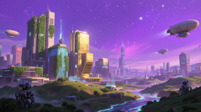 3D game environment generated by Kunlun Matrix-Game World Creator showing futuristic cityscape with dynamic lighting and terrain diversity