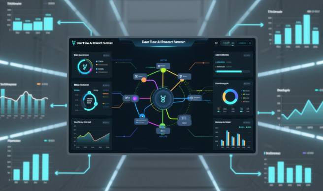 DeerFlow AI research framework interface showing multi-agent collaboration dashboard with workflow visualization and real-time data streams