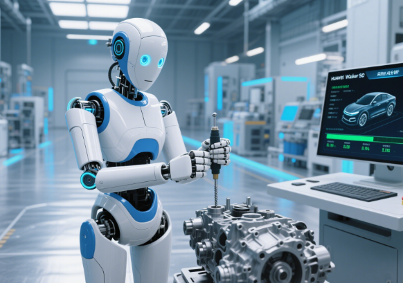 Huawei-UBTech Walker S humanoid robot assembling electric vehicle components in a smart factory with precision tools and real-time AI analytics interface