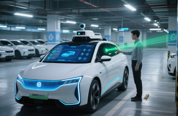 Baidu Apollo autonomous electric vehicle with holographic dashboard interface displayed at a CAR Inc rental station, showing facial recognition unlock process