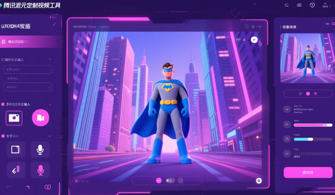 Tencent HunyuanCustom Video Tool interface showing multimodal inputs (text, image, audio) generating a consistent animated character in different scenarios