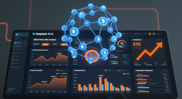 DeepSeek-R1 AI interface displaying real-time financial risk analysis dashboard with interactive 3D knowledge graphs and predictive metrics