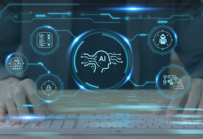The image depicts a pair of hands typing on a keyboard. Superimposed on the scene is a futuristic, digital - like interface with various icons and a central emblem. The central emblem features the silhouette of a human head with the letters "AI" inscribed within it, suggesting the theme of artificial intelligence. Surrounding this central element are several circular icons, each representing different aspects related to AI. These include what appears to be code, a robot, a security lock, and some form of data visualization. The overall color scheme is dominated by cool blues and whites, giving the image a high - tech and modern feel. The interface elements are connected by glowing lines, enhancing the sense of connectivity and digital integration.