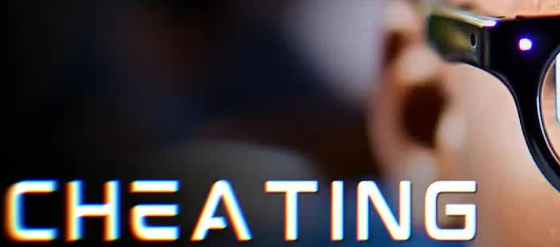 A close-up of a person's face wearing smart glasses, with the word 'CHEATING' boldly displayed in futuristic white text across the image, highlighting the concept of technology-assisted cheating.