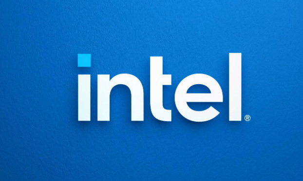 The image displays the Intel logo, featuring the word 'intel' in lowercase white letters with a distinctive blue square dot above the 'i', set against a gradient blue background.