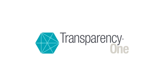 A teal geometric hexagon with white connecting lines and dots, positioned to the left of the text 'Transparency-One' in modern sans-serif font, with 'Transparency-' in dark grey and 'One' in light grey, all set against a clean white background.