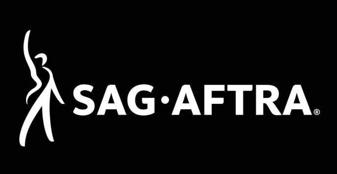SAG-AFTRA logo in white on a black background, featuring a stylised human figure to the left of the organisation's name.