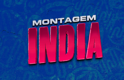 The image features the bold text 'MONTAGEM INDIA' in vibrant red and white letters against a blue patterned background, creating a striking and dynamic visual effect.