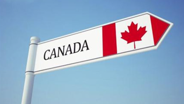A road sign pointing towards Canada, featuring the word 'CANADA' and the Canadian flag with a red maple leaf on a clear blue sky background.