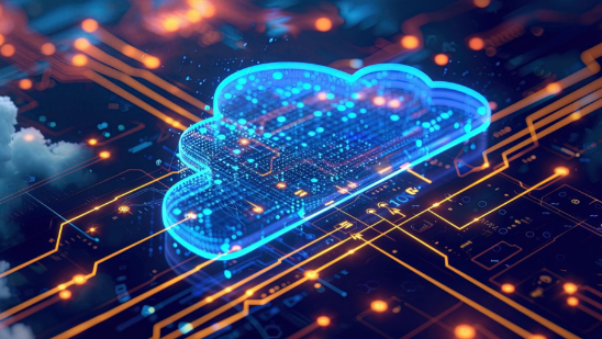 A glowing digital cloud icon, composed of blue neon lights and dots, hovers above a futuristic circuit board with orange and blue electronic pathways, symbolising advanced cloud computing technology and data connectivity.