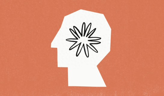 A minimalist illustration of a human head in profile, featuring a stylised abstract starburst shape at the centre, symbolising thought or mental activity, set against a muted terracotta background.
